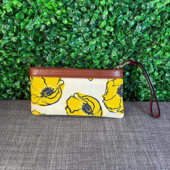 Kate Spade Yellow Floral Wristlet with Brown Trim Womens Purse Gift - Picture 6 of 11